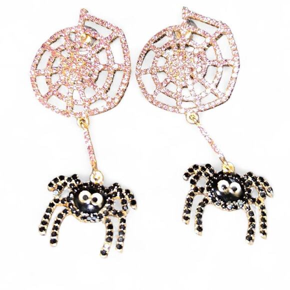 Kawaii Large Spiderweb Spider Drop Dangle Earrings with Pink & Black Rhinestones - Picture 2 of 4